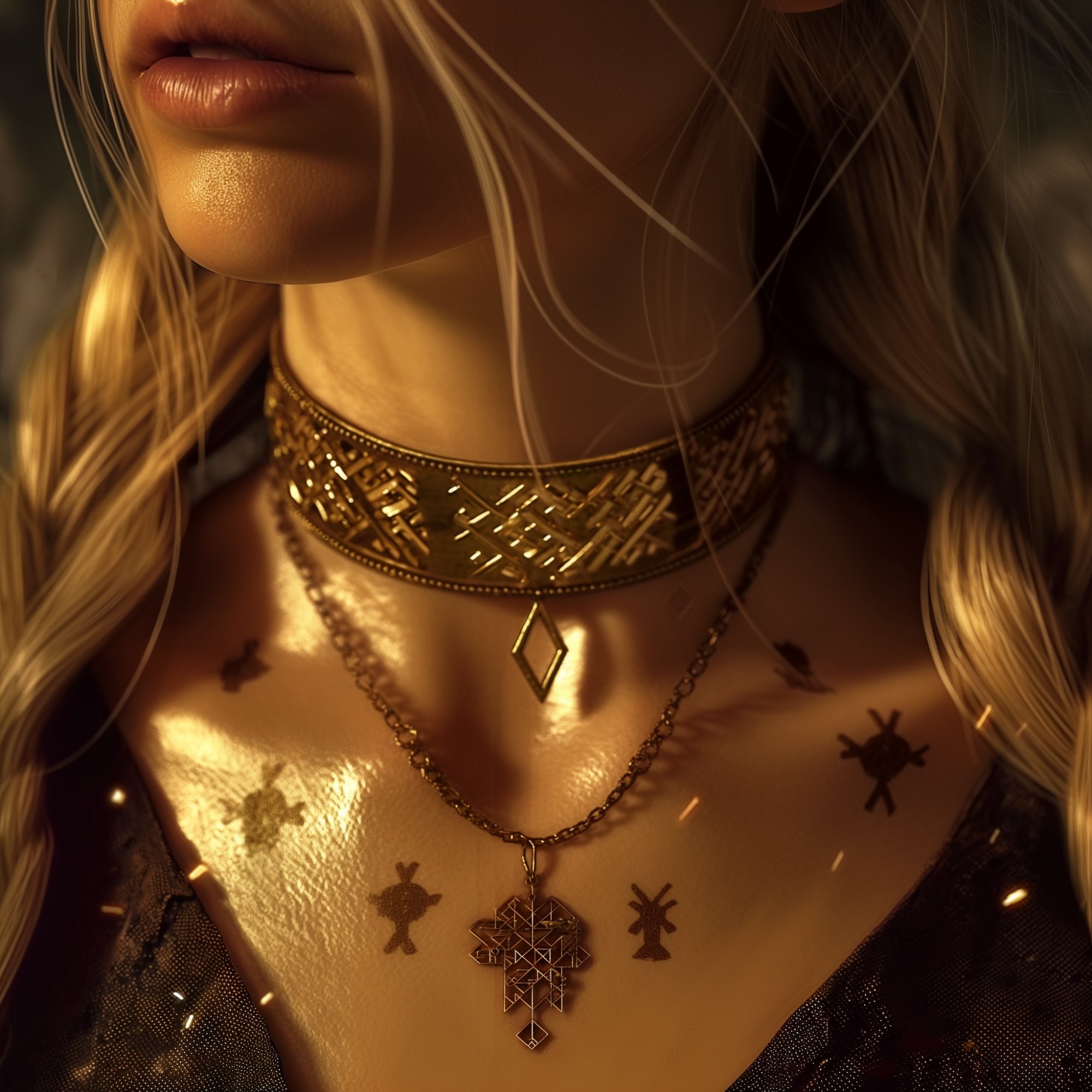 Norse rune markings and golden jewelry